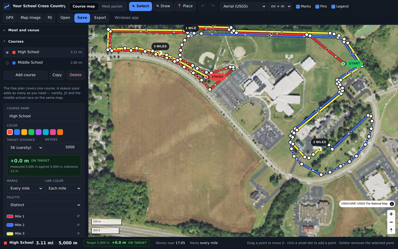 The CourseChalk editor. Two courses drawn on an aerial photo of a school campus, each colored mile by mile, with the varsity course reading 5,000 meters, on target.